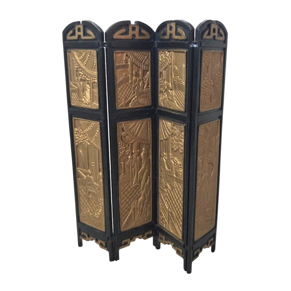 Vtg Oriental Miniature 4 Panel Folding Screen 6” Dollhouse Black Gold Louis Marx
